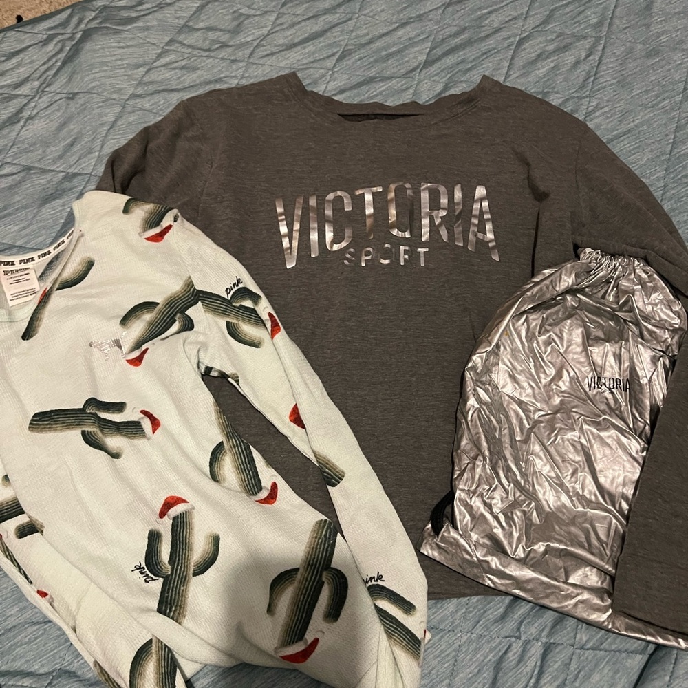 Victoria's Secret sport bundle Gray and White Long Sleeve Tees bag and cactus